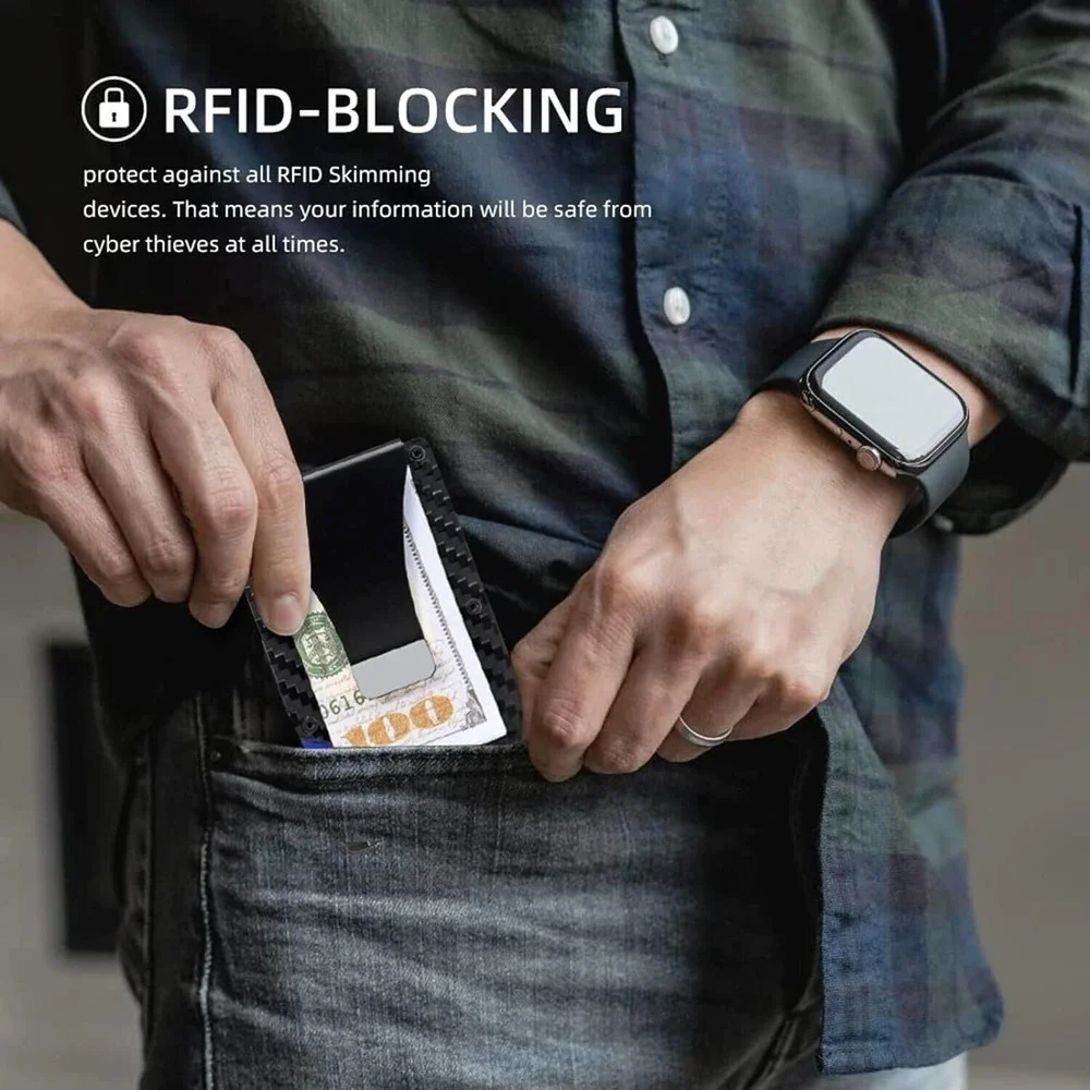 RFID Blocking Slim Money Clip Mens Carbon Fiber Credit Card Holder Metal Wallet